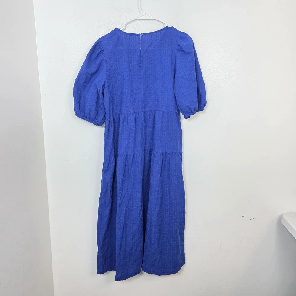 Old Navy Blue Puff Sleeve Tiered All Day Cottagecore Midi Swing Dress Size M - Picture 7 of 8